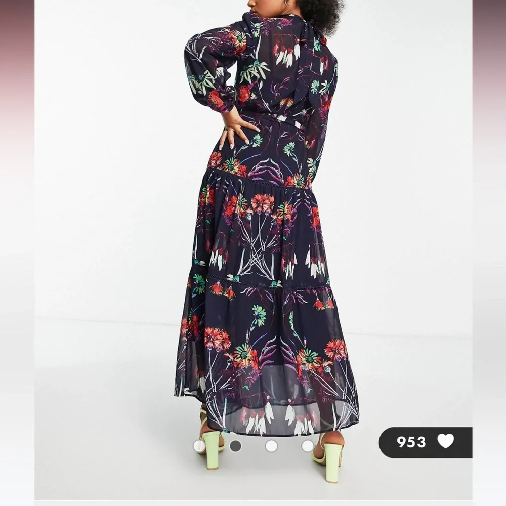 ASOS Hope & Ivy long sleeve tie waist maxi dress in navy floral US 12 - Picture 2 of 7